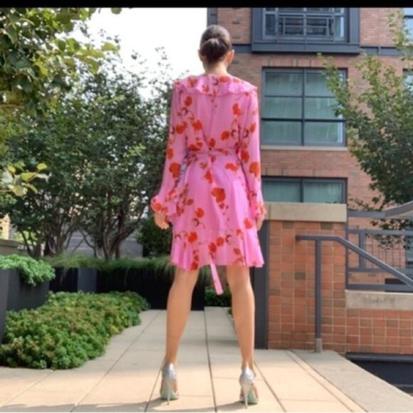 Cynthia Rowley Malibu Ruffle Silk Blend Mini Dress in Pink Poppy. Size XS - Picture 2 of 13